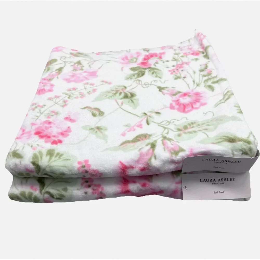 x4 Laura Ashley MORNING GLORIA Velour Bath Towel Set Pink Green Floral Glories